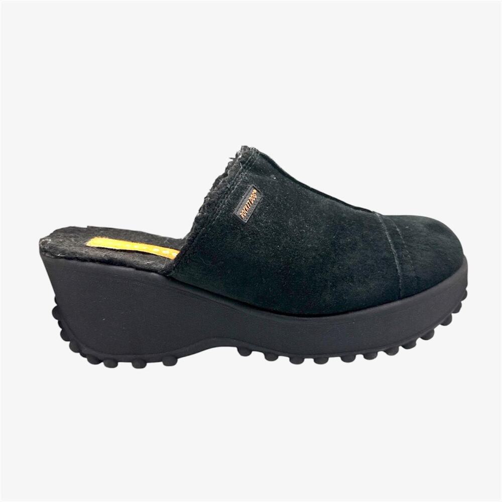 Rocketdog platform black sueded clogs faux fur lining chunky rubber lug sole
